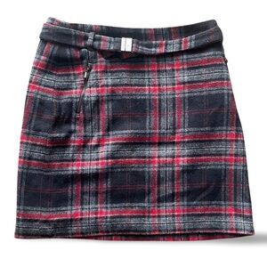 Steilmann Black Red Wool Plaid Mini Skirt Belted High Waist Dark Academia